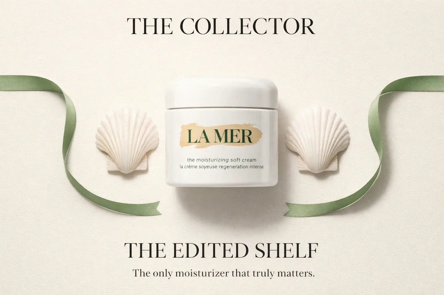 A large jar of La Mer The Moisturizing Soft Cream on a clean vanity with a soft texture visible.