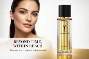 A refillable glass bottle of YSL Or Rouge Anti-Aging Serum on a clean white vanity.