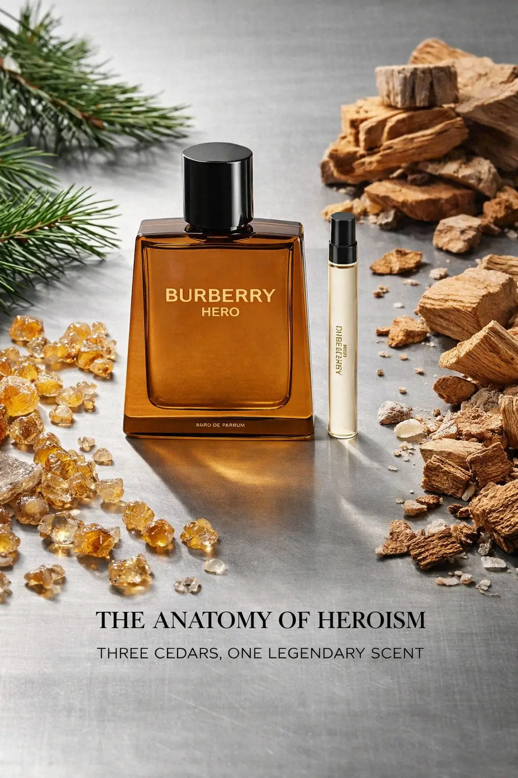 Burberry Hero bottles arranged on a stone surface