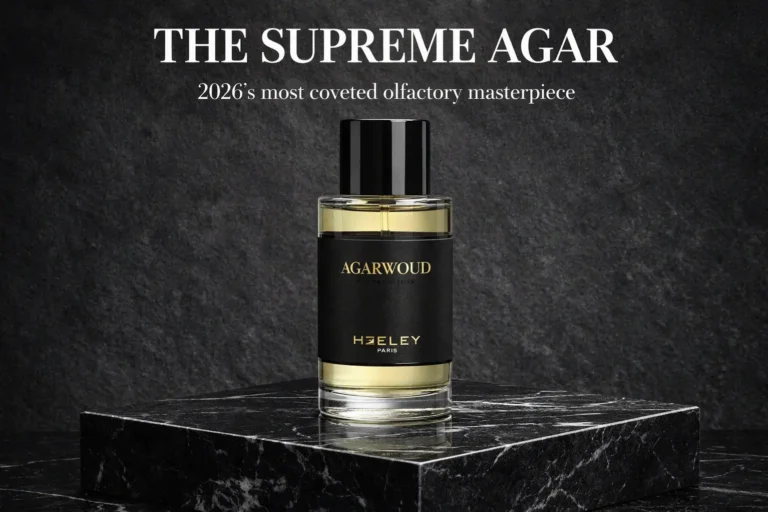 A sleek 100ml HEELEY Agarwoud Extrait de Parfum bottle with a minimalist label on a marble surface.