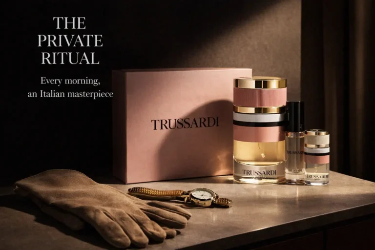 Three different sizes of Trussardi Eau de Parfum bottles arranged elegantly on a clean surface.