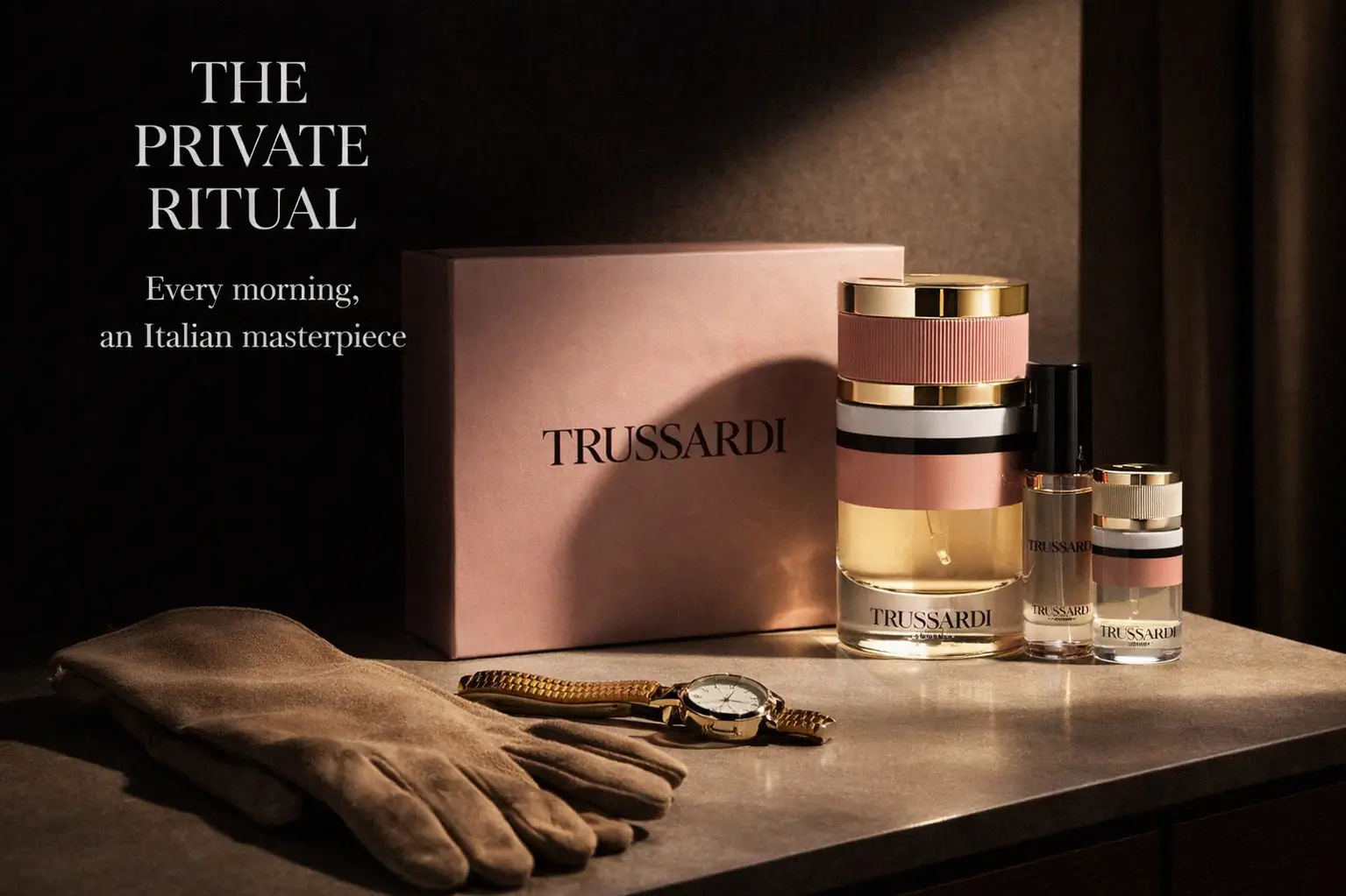 Three different sizes of Trussardi Eau de Parfum bottles arranged elegantly on a clean surface.