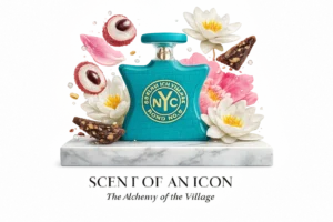 A star-shaped teal glass bottle of Bond No. 9 Greenwich Village perfume on a clean white surface.