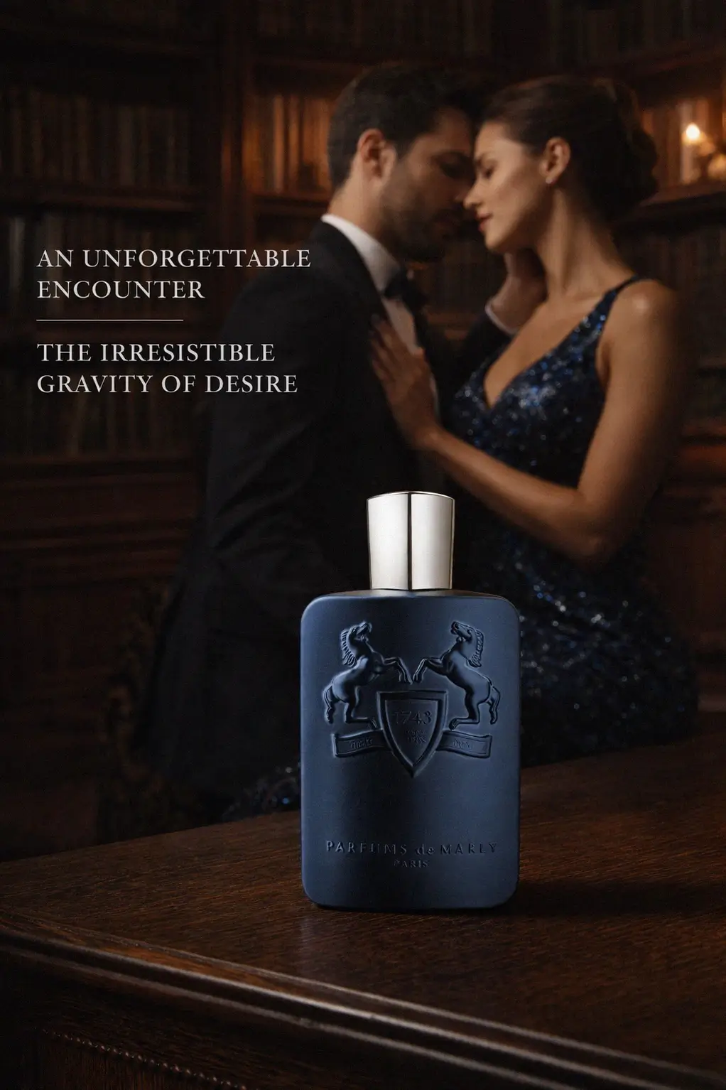Close-up detail of the Parfums de Marly crest and matte finish