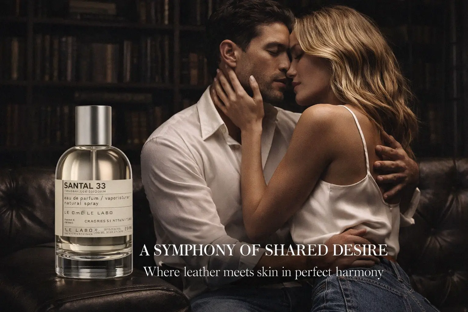 A minimalist glass Le Labo Santal 33 perfume bottle with a white typewriter-style label on a neutral background.