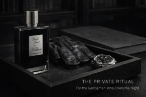 A sleek black Kilian Dark Lord bottle with silver detailing on a dark marble surface.