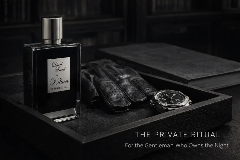 A sleek black Kilian Dark Lord bottle with silver detailing on a dark marble surface.