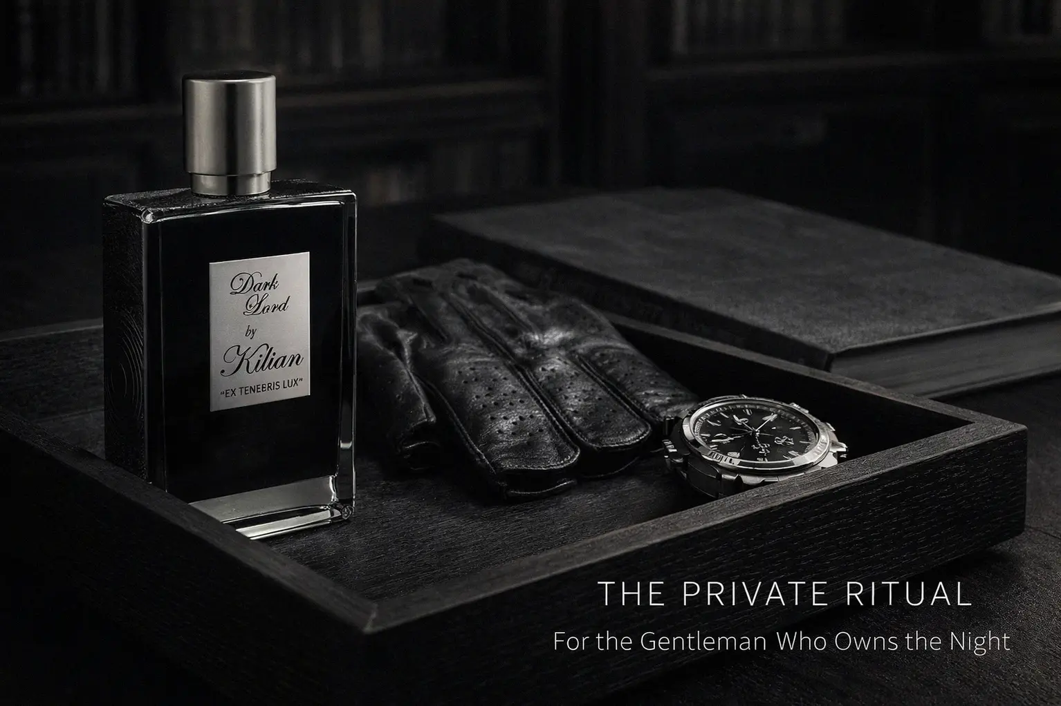 A sleek black Kilian Dark Lord bottle with silver detailing on a dark marble surface.