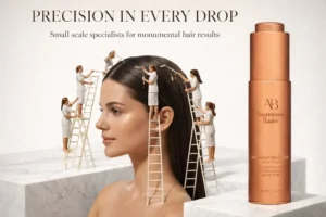 Sleek blue and copper bottle of Augustinus Bader The Scalp Treatment on a marble vanity surface.