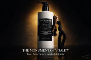 Sisley Paris Fortifying Densifying Shampoo bottle standing elegantly on a minimalist white marble shelf.