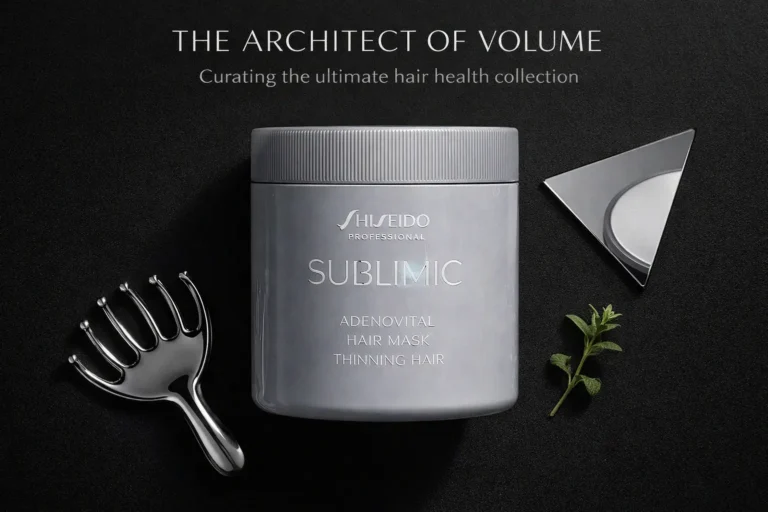 A sleek Shiseido Sublimic Adenovital Hair Mask jar placed elegantly on a polished white bathroom vanity.