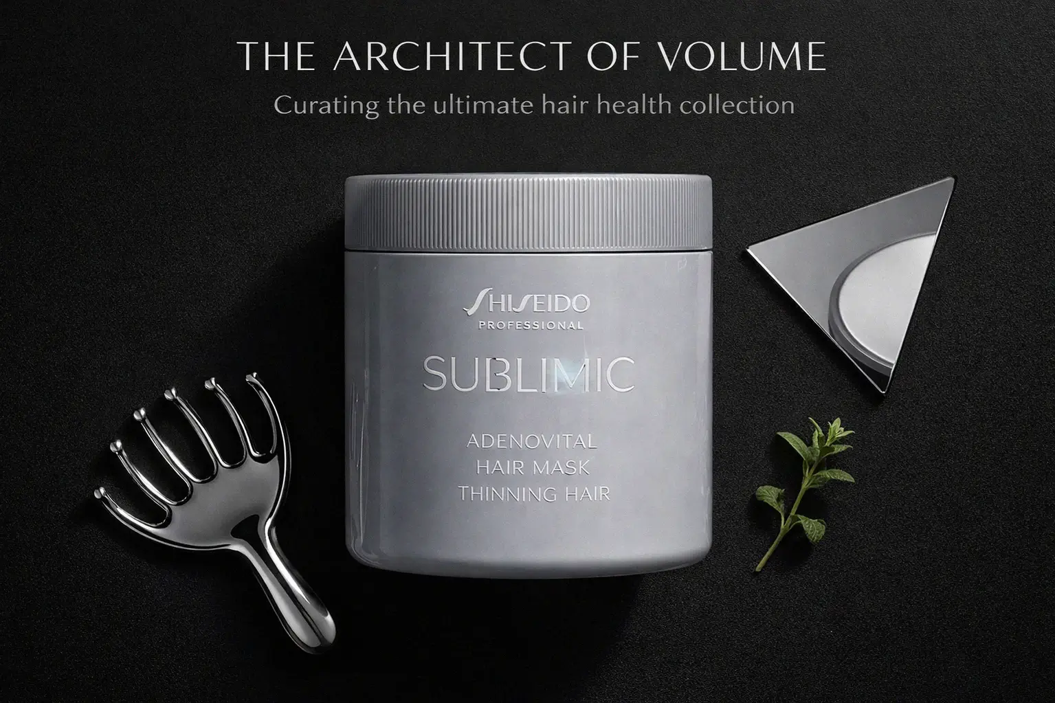 A sleek Shiseido Sublimic Adenovital Hair Mask jar placed elegantly on a polished white bathroom vanity.