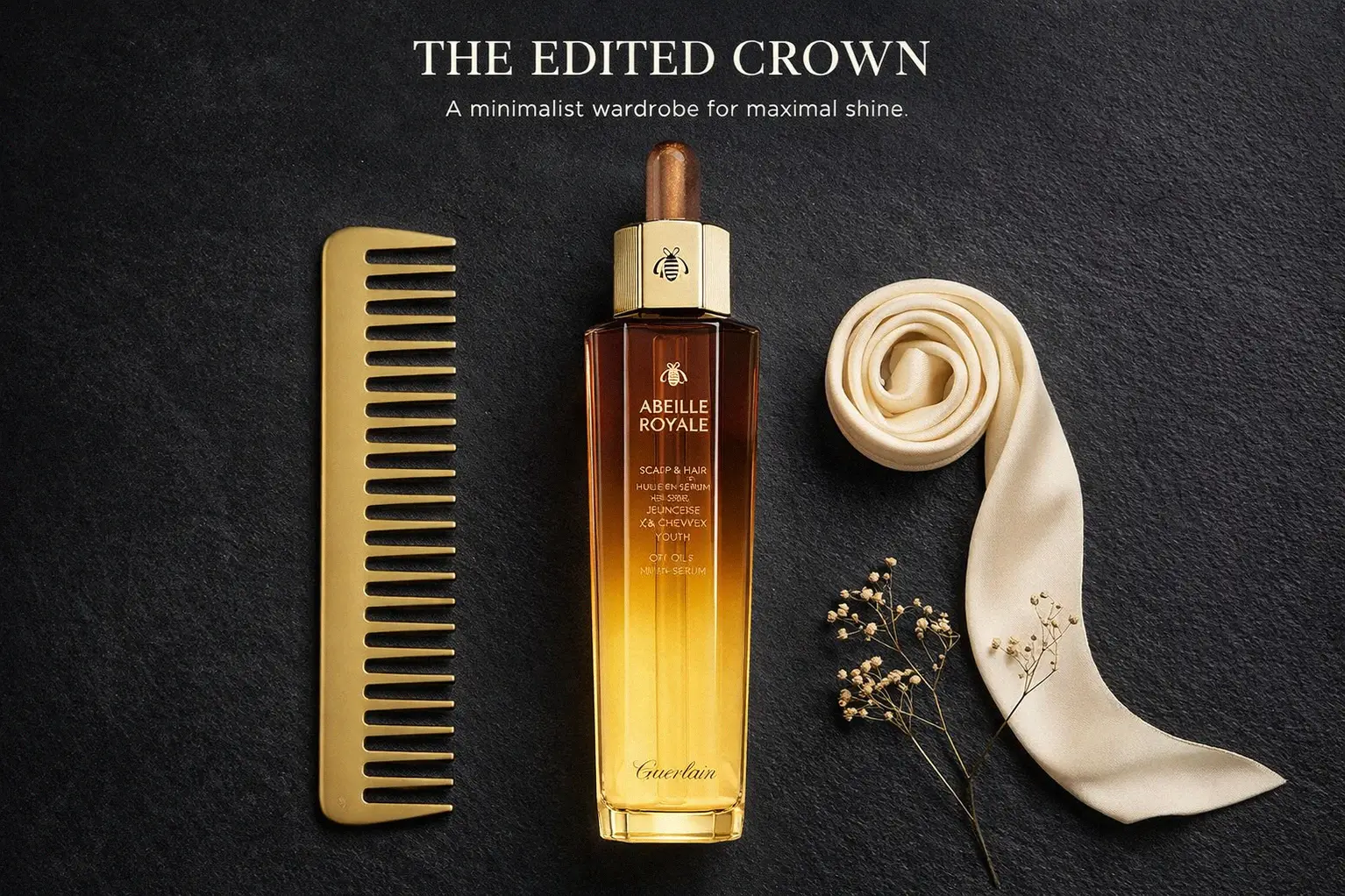 Luxury glass bottle of Guerlain Abeille Royale hair oil with a gold dropper on a clean vanity.
