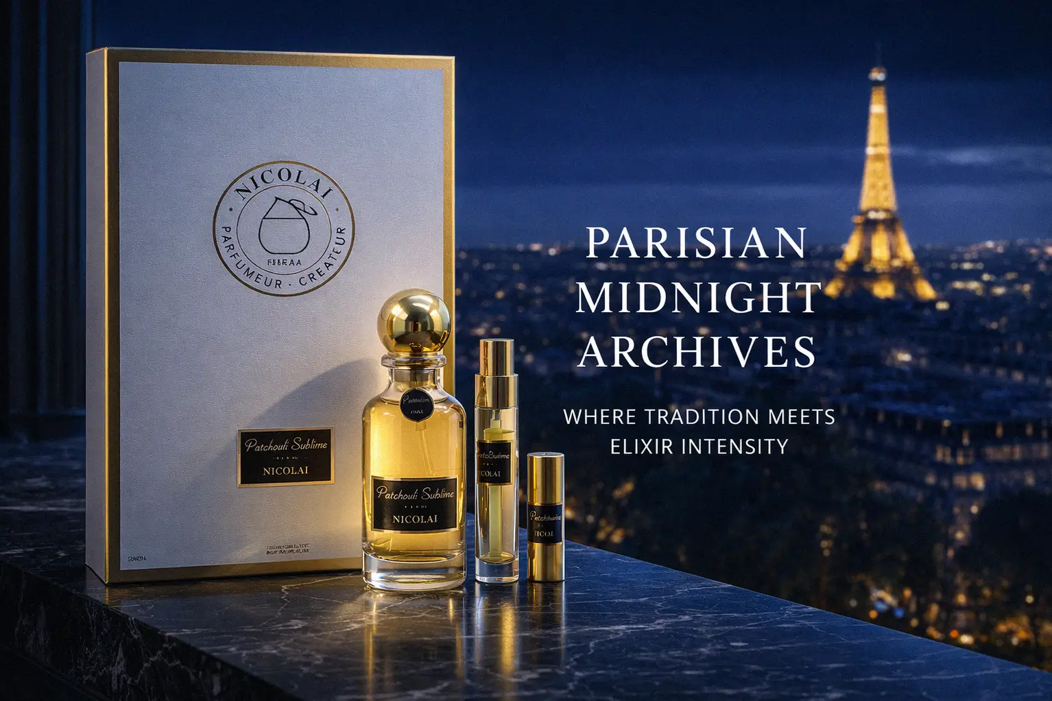 A small, elegant perfume bottle labeled Patchouli Sublime by Nicolai with a gold cap on a dark surface.