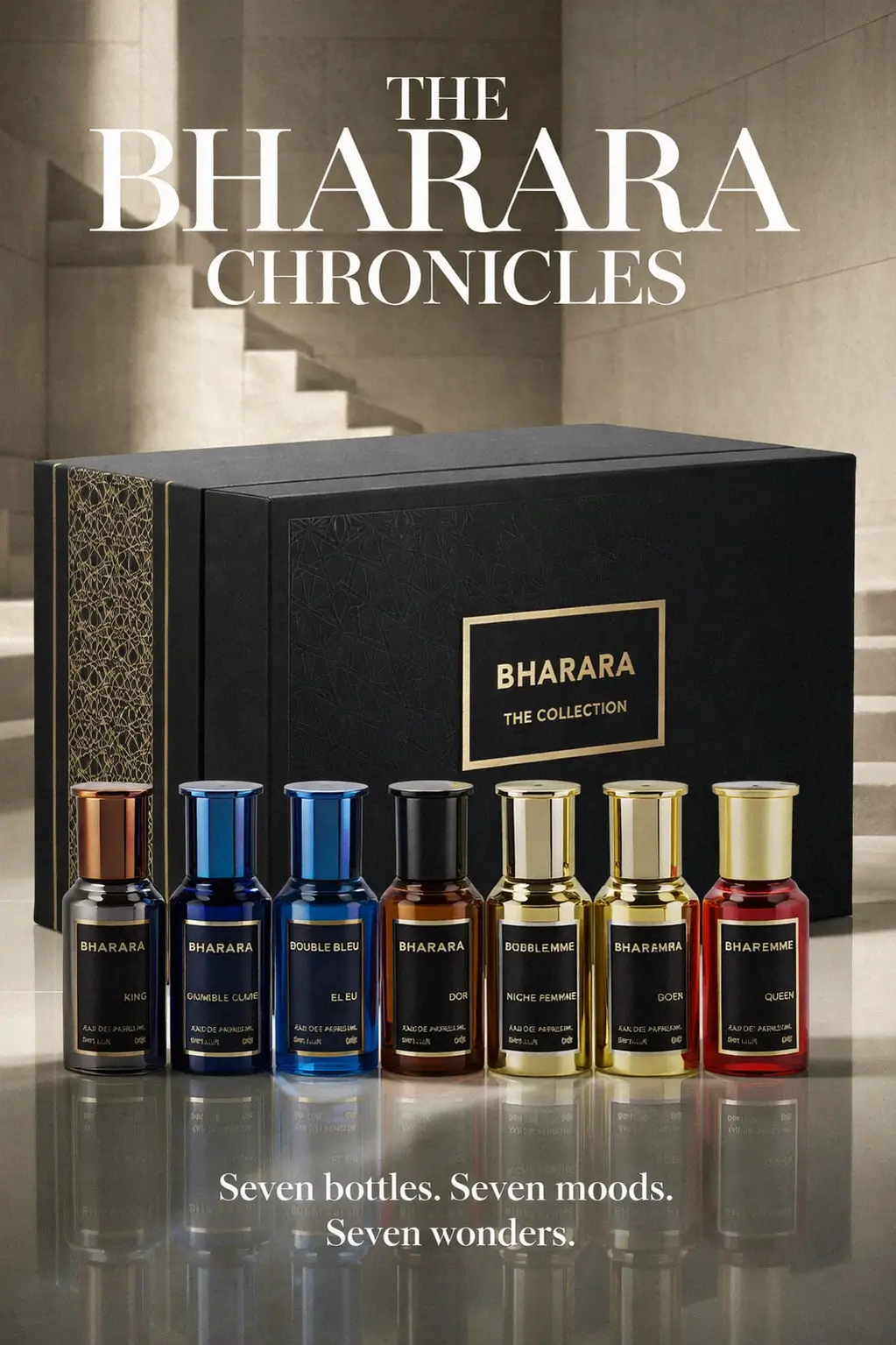 Seven piece Bharara perfume set for travel