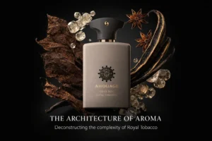 Amouage Opus XIV Royal Tobacco bottle with a ceramic finish and magnetic cap on a minimal surface.