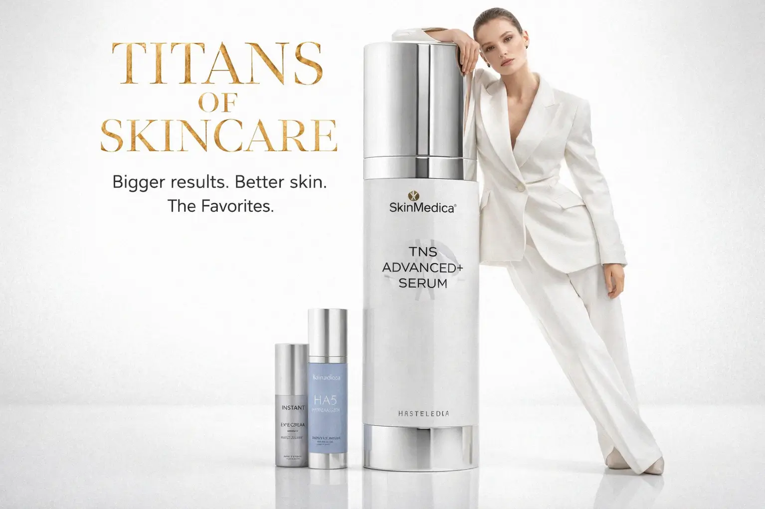 SkinMedica Favorites Collection skincare set featuring three blue and white bottles in a luxury presentation.