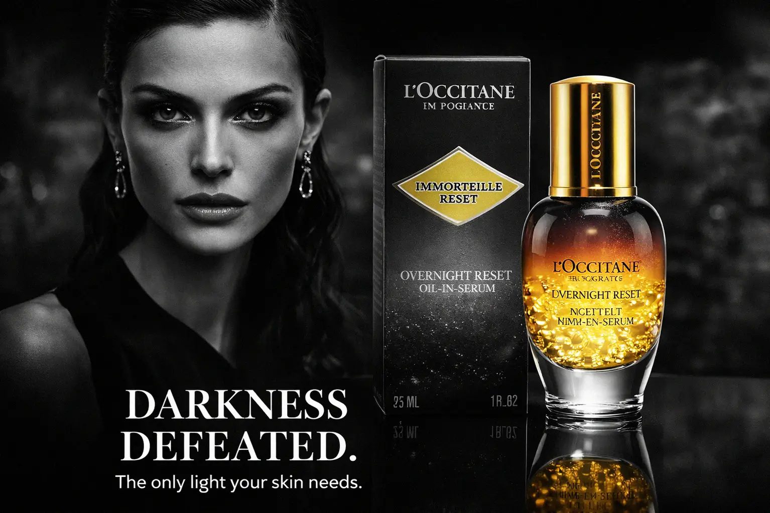 L'Occitane Immortelle Overnight Reset Oil bottle showing thousands of golden bubbles suspended in a clear serum.