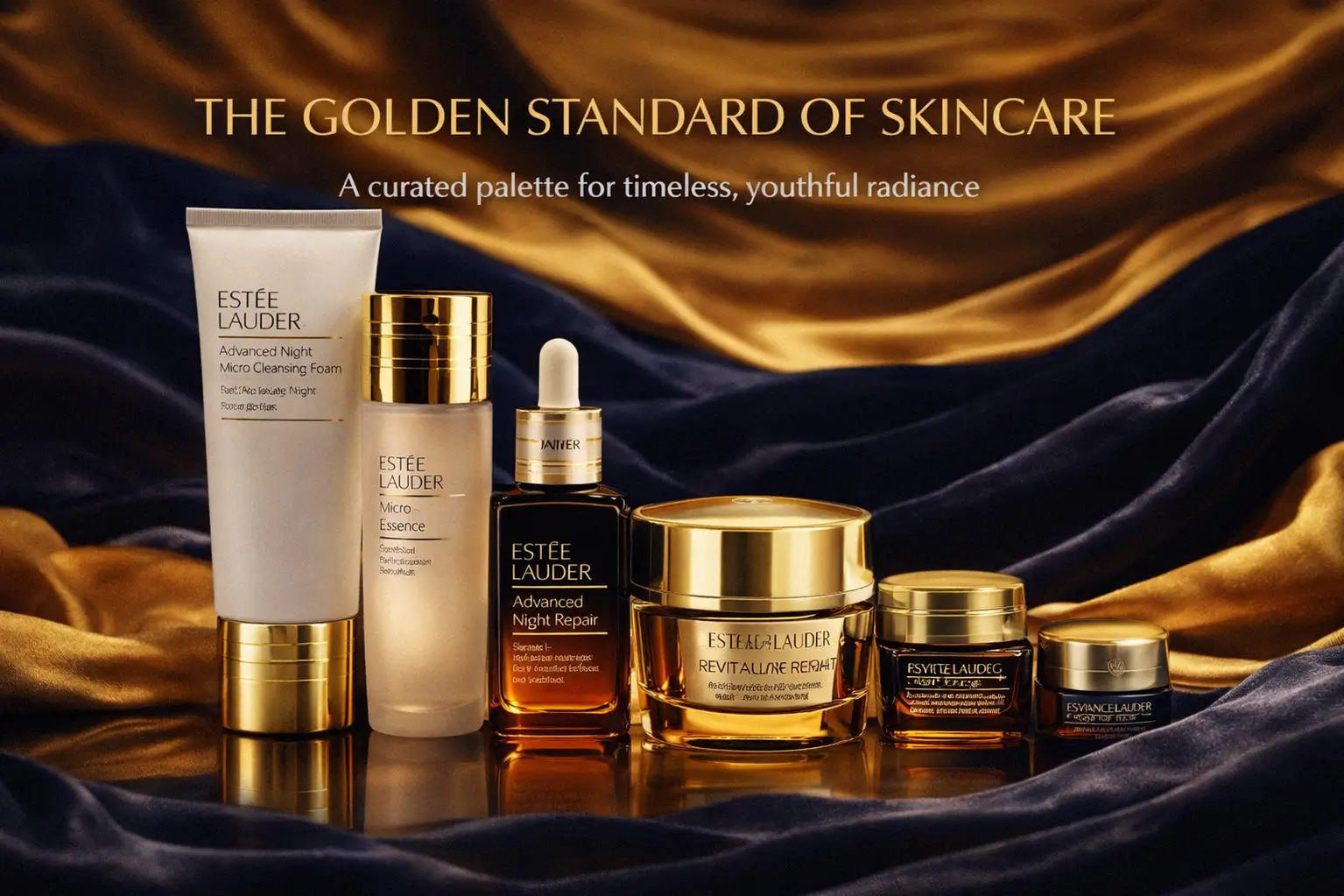Five Estee Lauder skincare products including a blue serum bottle and gold cream jars on a clean surface.