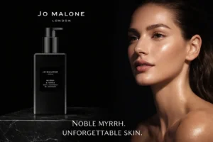 A sleek 250ml pump bottle of Jo Malone London Myrrh & Tonka Body and Hand Wash on a marble counter.