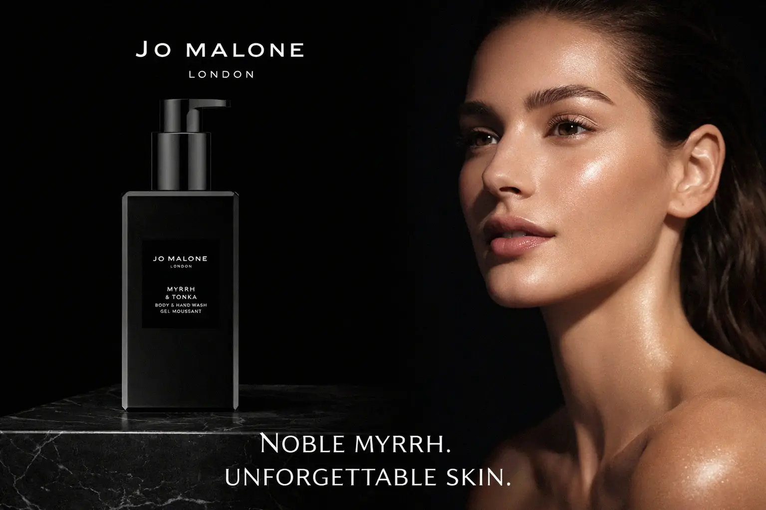 A sleek 250ml pump bottle of Jo Malone London Myrrh & Tonka Body and Hand Wash on a marble counter.