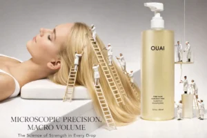 A tall, minimalist bottle of Ouai Fine Hair Shampoo in a 32 oz size on a bright shelf.