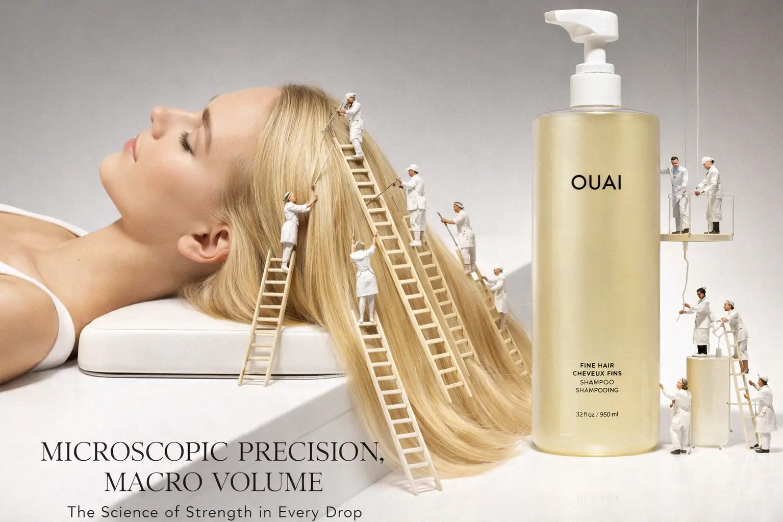 A tall, minimalist bottle of Ouai Fine Hair Shampoo in a 32 oz size on a bright shelf.