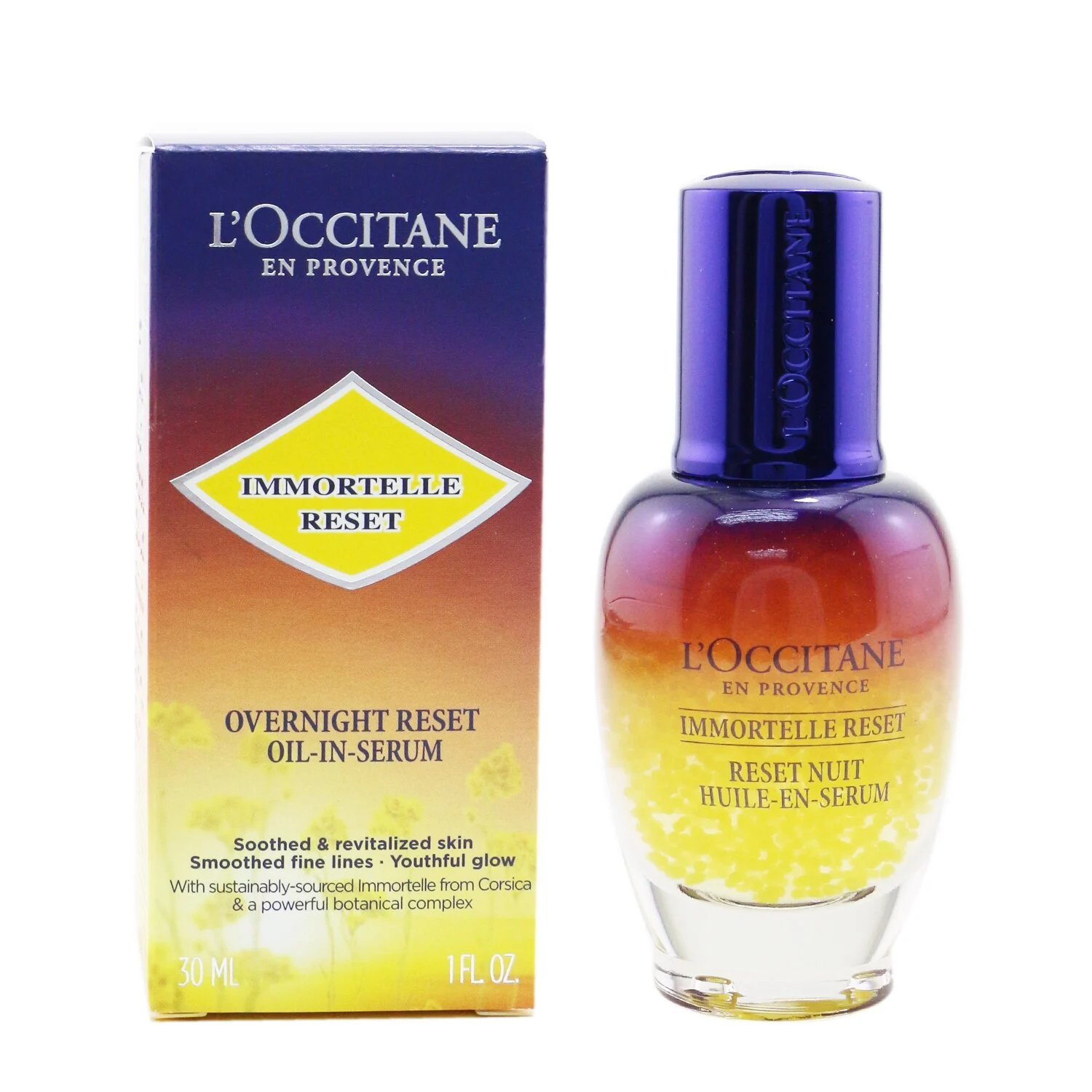 Immortelle Overnight Reset Oil-in-Serum bottle with golden oil bubbles