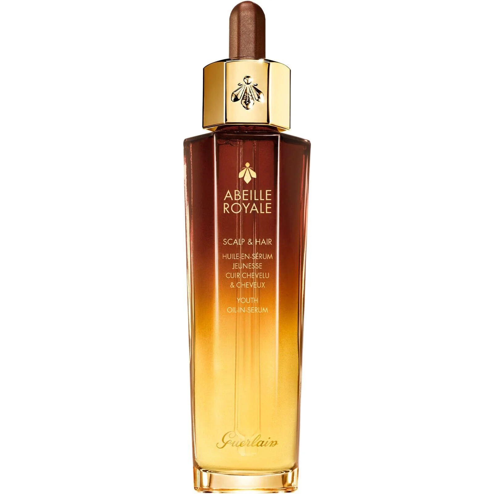 The elegant glass bottle of the Abeille Royale Scalp & Hair Youth Oil-in-Serum