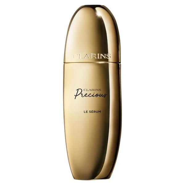 Clarins Precious Le Serum bottle on a vanity