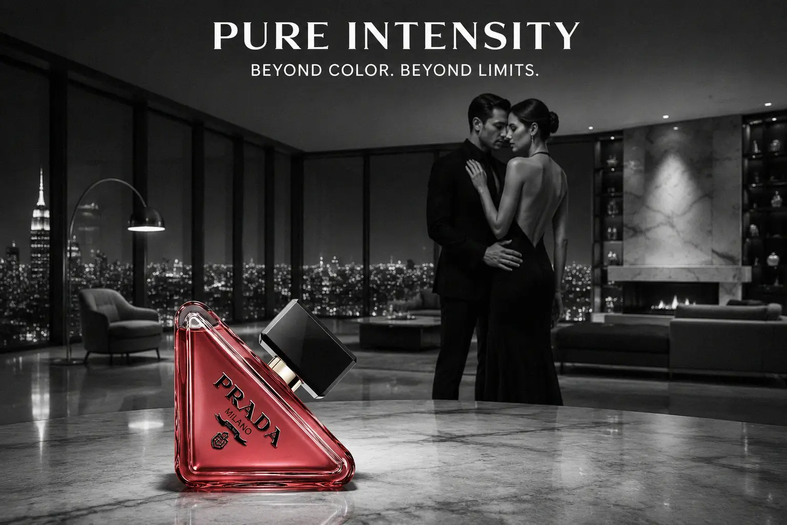 The triangular glass bottle of Prada Paradoxe Radical Essence perfume on a clean white vanity.