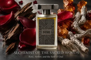 A luxury glass perfume bottle with a multi-faceted, ornate metallic cap on a clean background.