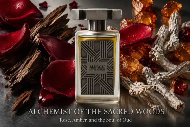 A luxury glass perfume bottle with a multi-faceted, ornate metallic cap on a clean background.
