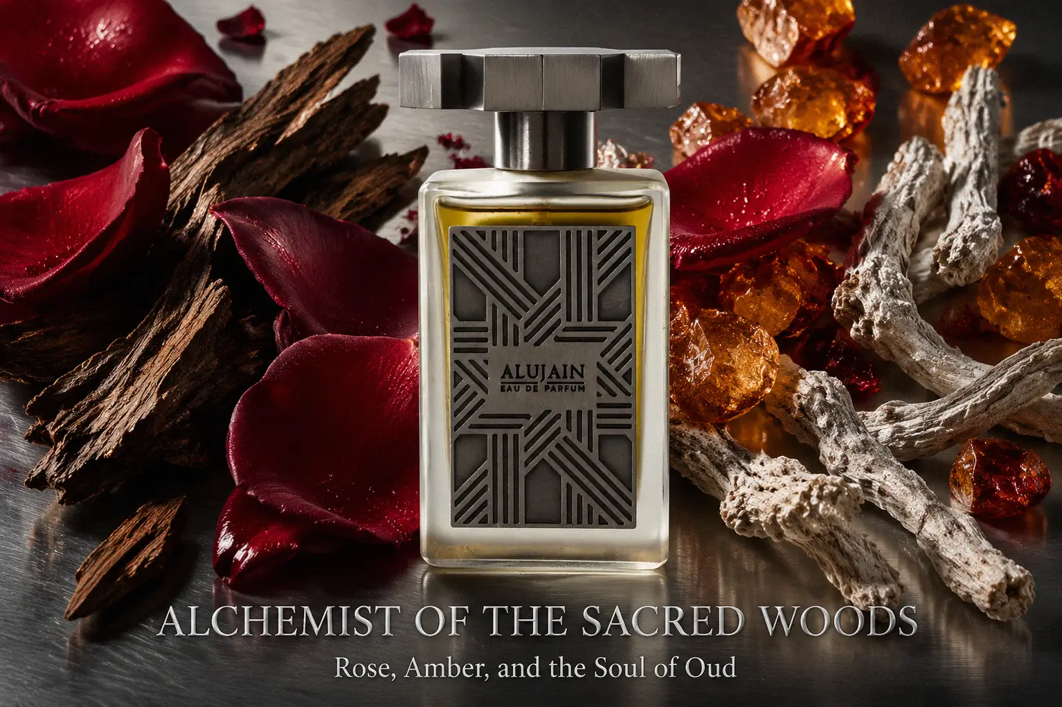 A luxury glass perfume bottle with a multi-faceted, ornate metallic cap on a clean background.
