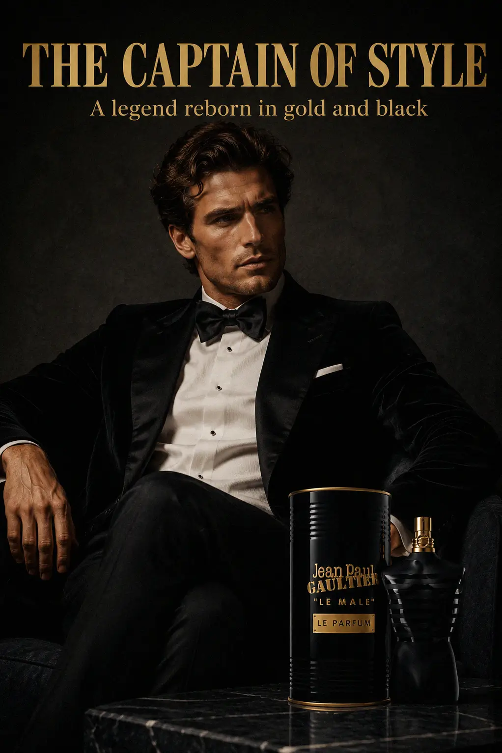 Close up of the gold detail on the Le Male Le Parfum bottle