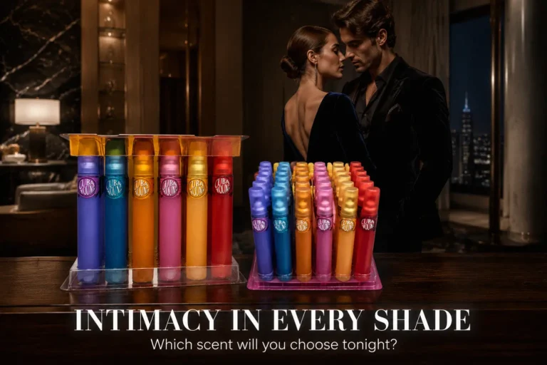 A premium perfume gift set featuring thirty-six small glass spray bottles with colorful caps arranged in a black box.