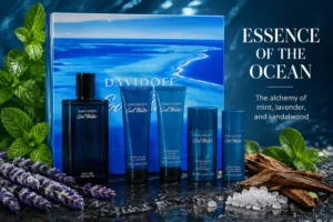 The Davidoff Cool Water Gift Set for Men displayed in its blue box with five grooming products.