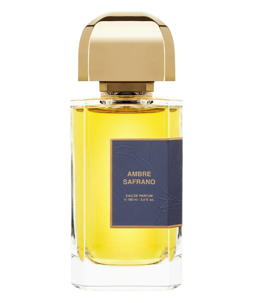 The rectangular bottle of Ambre Safrano Eau de Parfum from BDK Parfums presented in its luxury packaging.