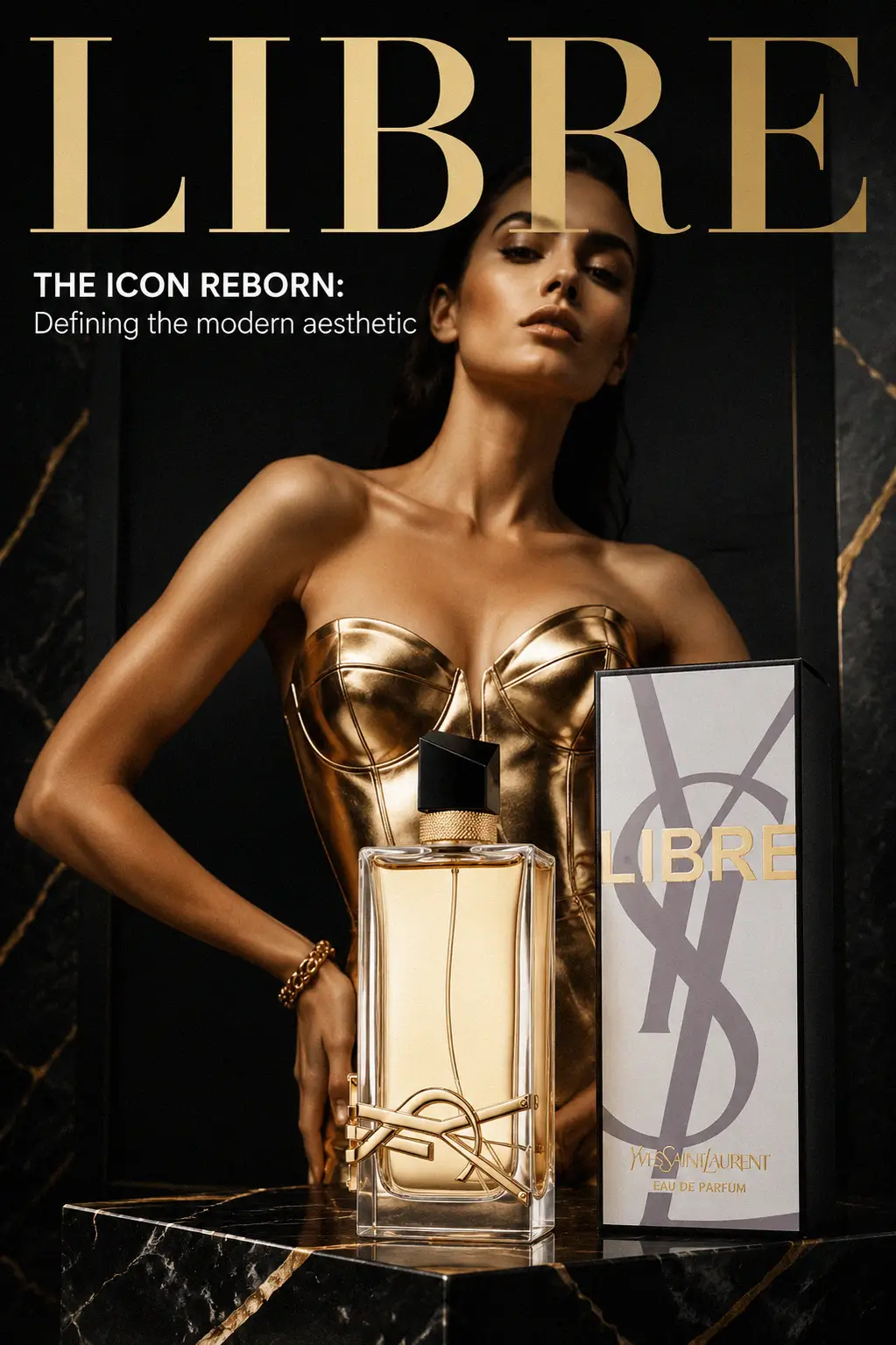 Close up of the golden YSL logo on a designer fragrance