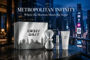 Three-piece DKNY 24/7 gift set with chrome hourglass bottle, travel spray, and matching body lotion tube.