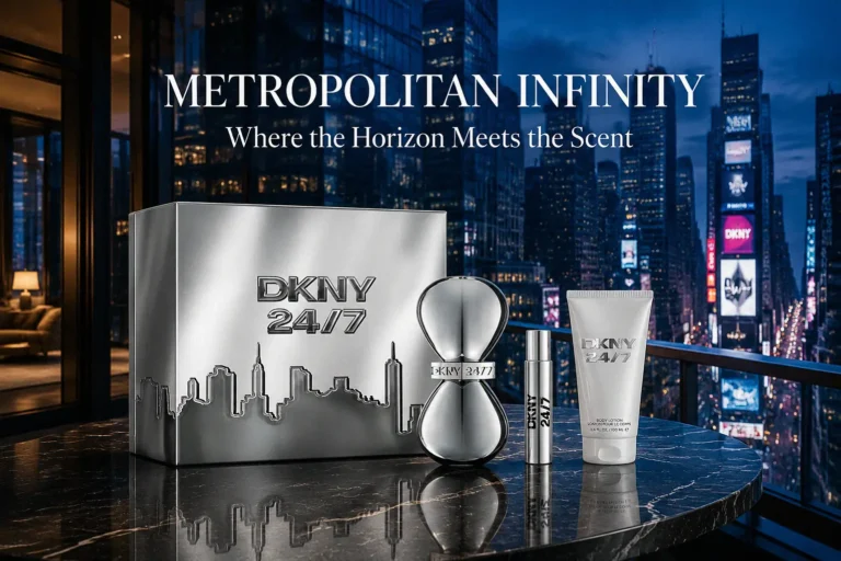 Three-piece DKNY 24/7 gift set with chrome hourglass bottle, travel spray, and matching body lotion tube.