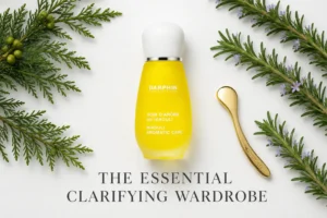 Small amber glass bottle of Darphin Niaouli Aromatic Care essential oil on a clean bathroom counter.