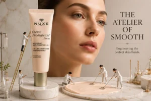 Close-up of a Nuxe 30ml primer tube on a white marble vanity next to fresh jasmine flowers.