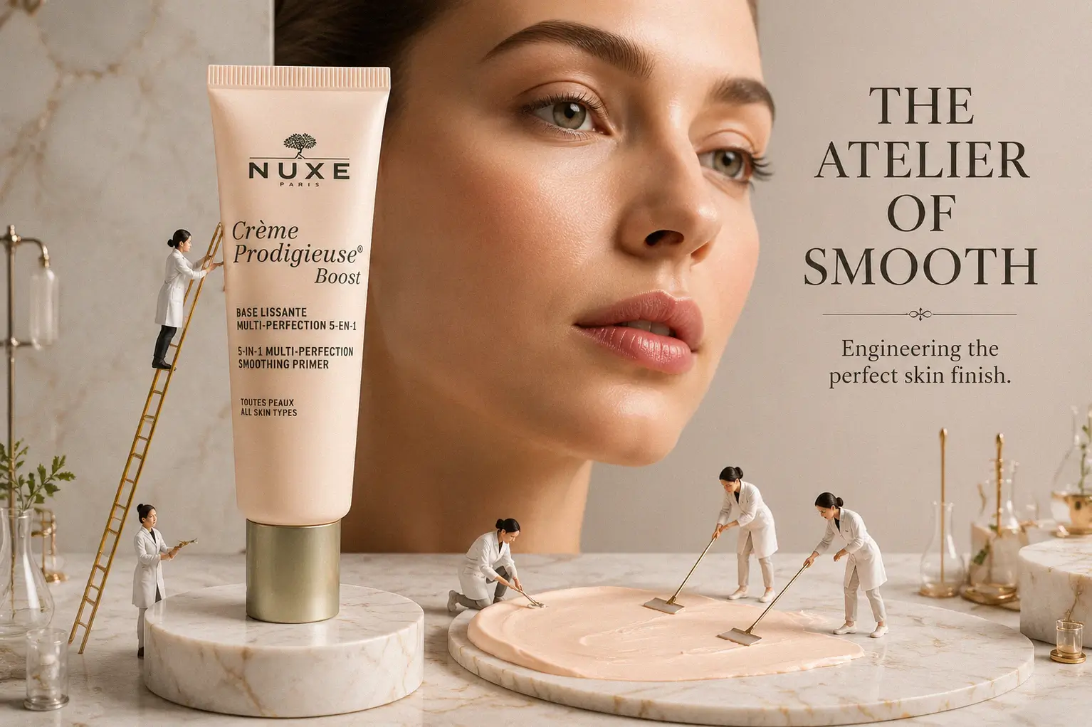 Close-up of a Nuxe 30ml primer tube on a white marble vanity next to fresh jasmine flowers.