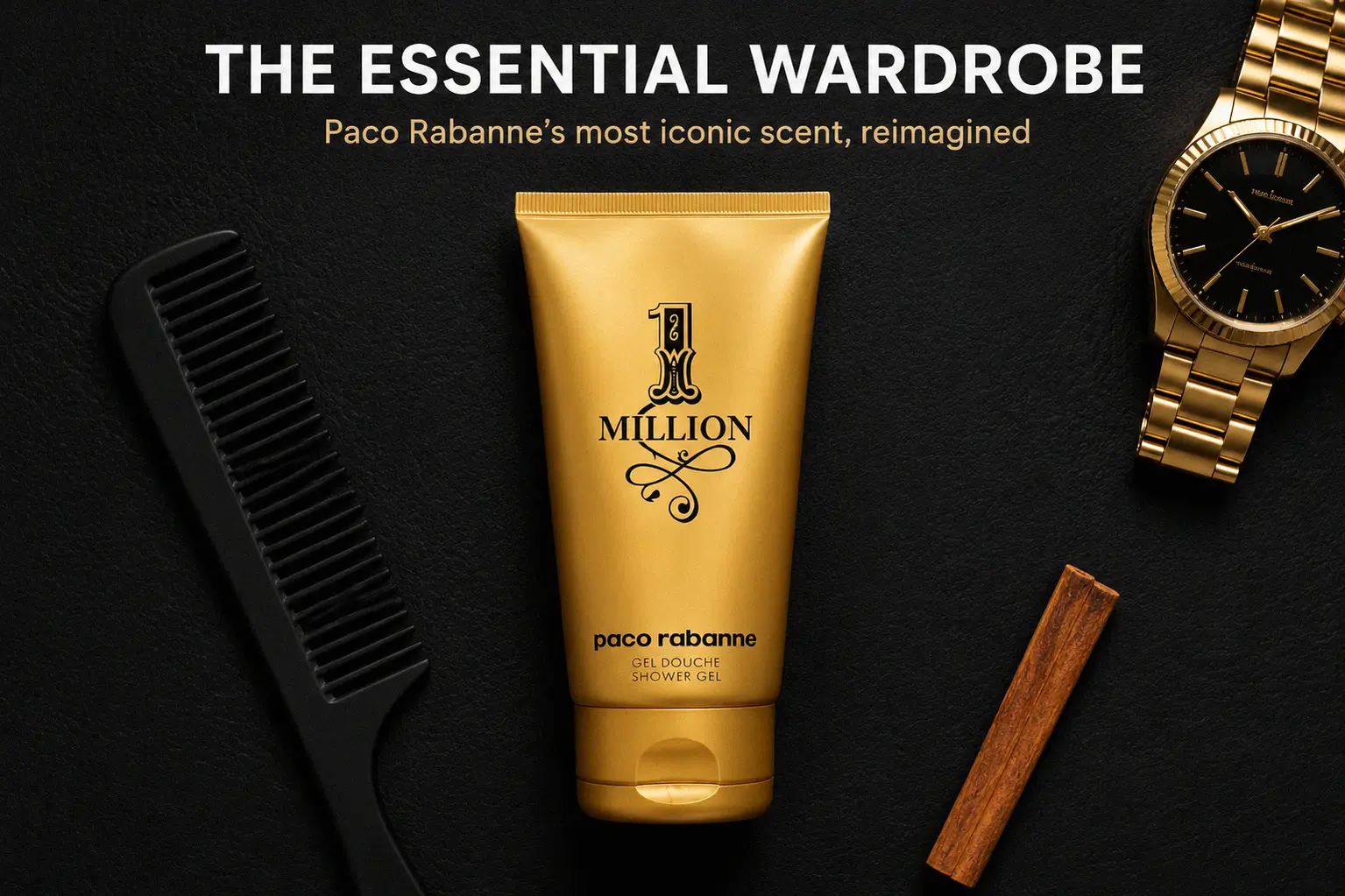 Paco Rabanne 1 Million Shower Gel packaging in a sleek, masculine bathroom setting.