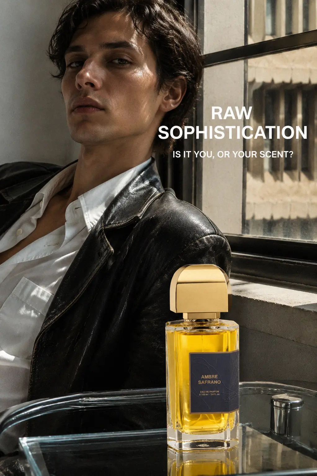 Luxury perfume bottle styling with leather accents
