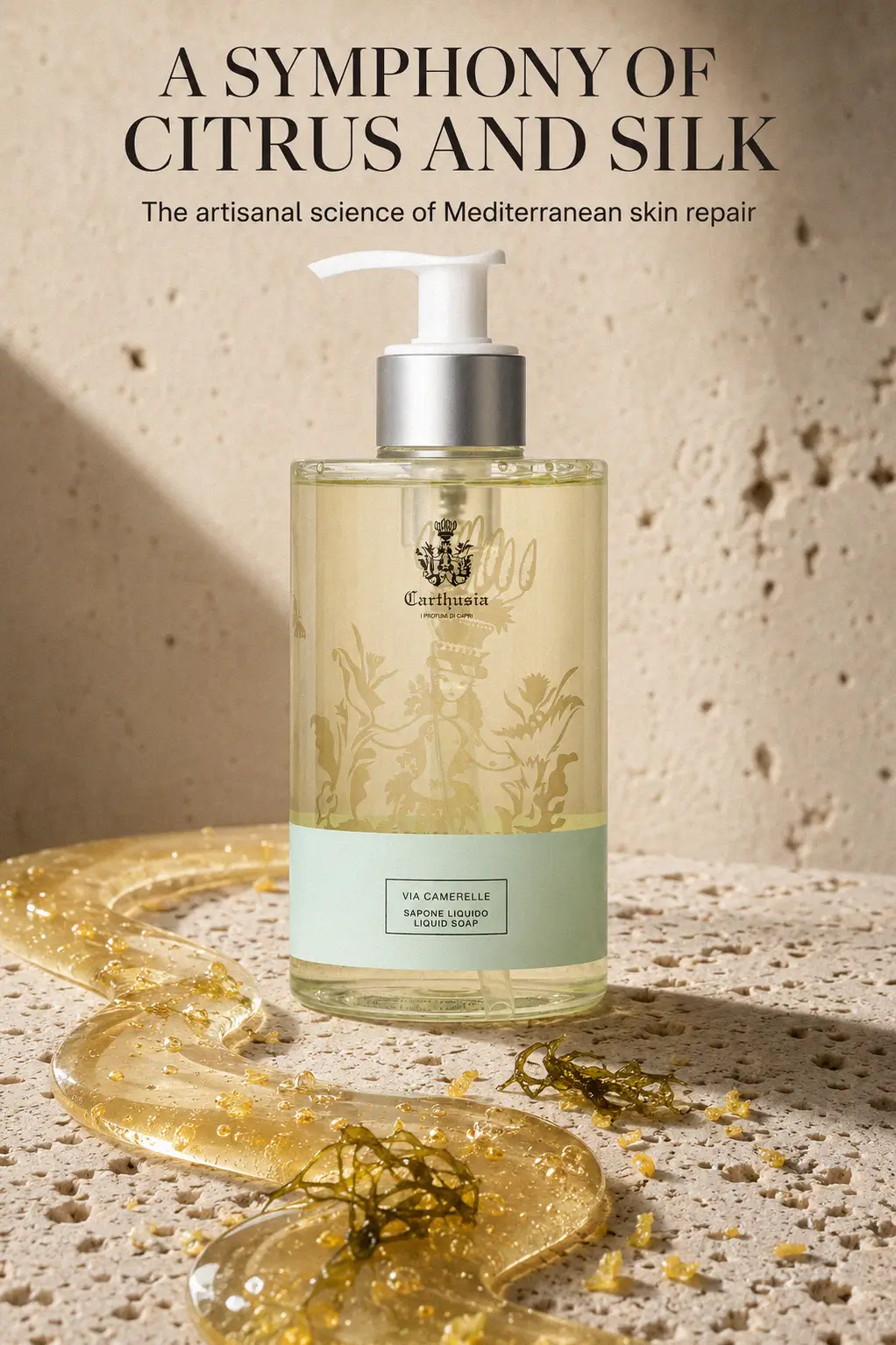 Carthusia soap bottle on a vanity