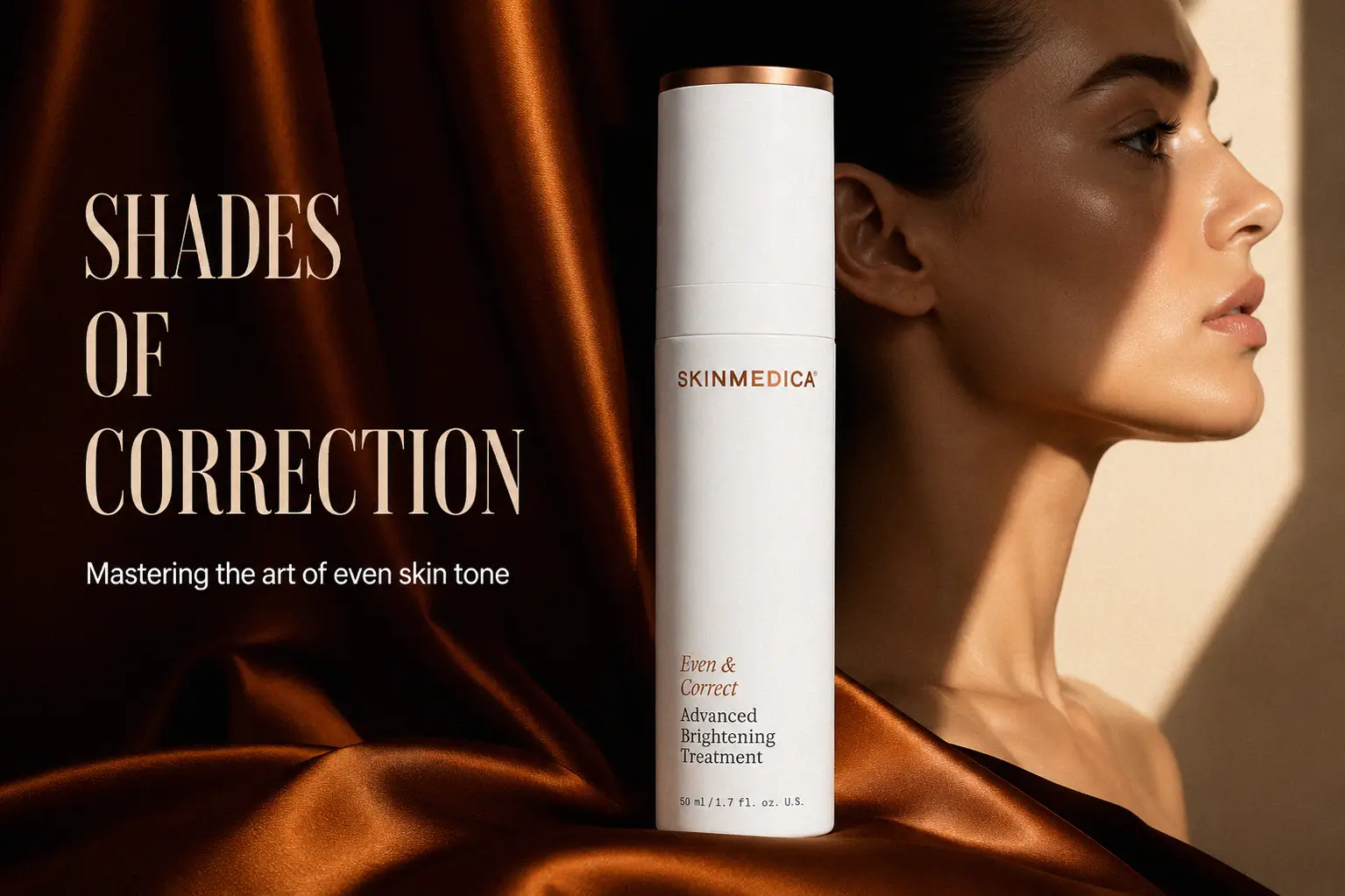 A 2 oz bottle of SkinMedica Even & Correct Advanced Brightening Treatment on a clean white surface.
