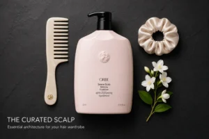 Oribe Serene Scalp Balancing Conditioner in a tall signature bottle on a marble vanity shelf.