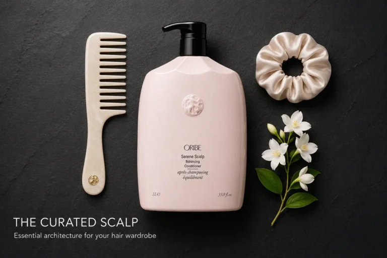 Oribe Serene Scalp Balancing Conditioner in a tall signature bottle on a marble vanity shelf.